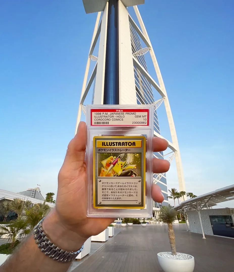 Photo shared by Logan Paul after purchasing the Pikachu Illustrator at the Burj Al Arab, Dubai, on his Instagram